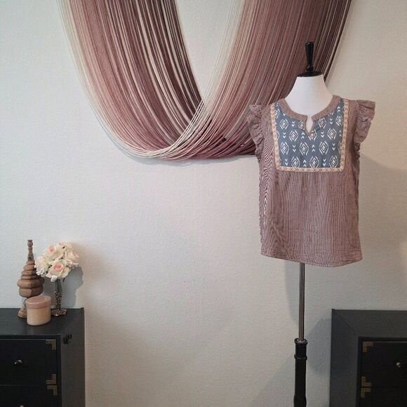 Entro Striped Cap Sleeve Blouse Sz L - Picture 1 of 4